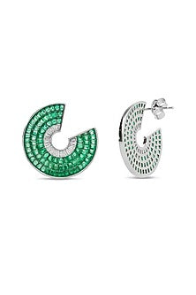 White Rhodium Finish Emerald Spinel Stone Circlets Stud Earrings In Sterling Silver