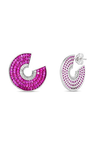 White Rhodium Finish Ruby Spinel Stone Circlets Stud Earrings In Sterling Silver