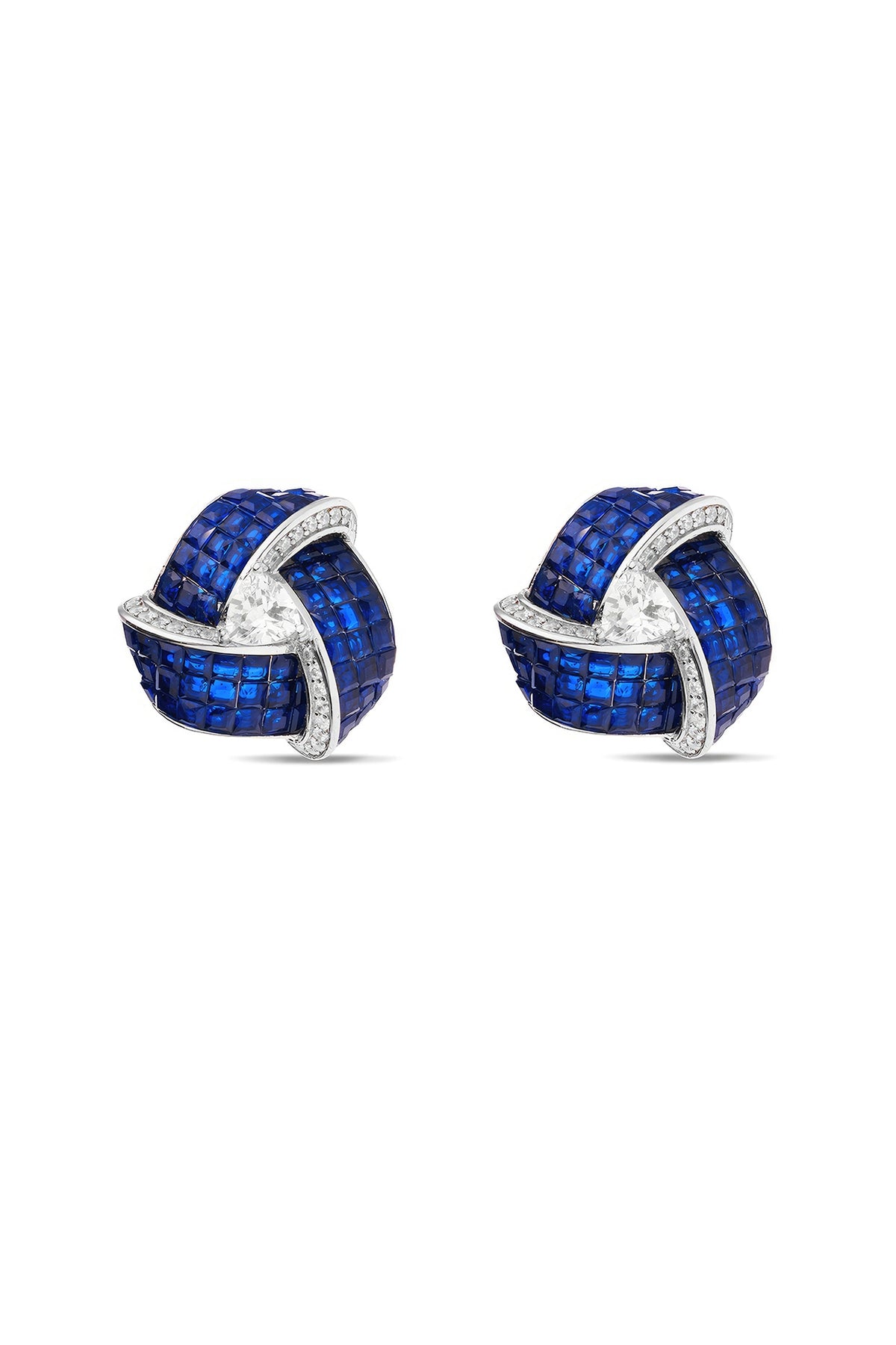 White Rhodium Finish Zircon & Sapphire Stone Stud Earrings In Sterling Silver