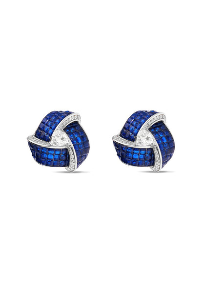 White Rhodium Finish Zircon & Sapphire Stone Stud Earrings In Sterling Silver