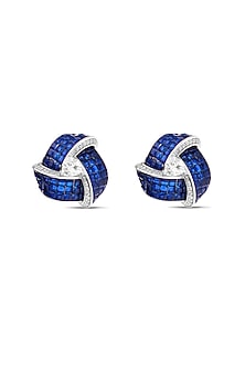 White Rhodium Finish Zircon & Sapphire Stone Stud Earrings In Sterling Silver