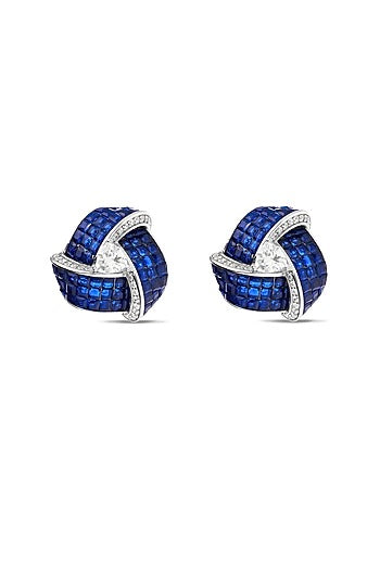 White Rhodium Finish Zircon & Sapphire Stone Stud Earrings In Sterling Silver