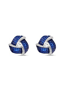 White Rhodium Finish Zircon & Sapphire Stone Stud Earrings In Sterling Silver