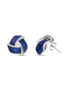 White Rhodium Finish Zircon & Sapphire Stone Stud Earrings In Sterling Silver