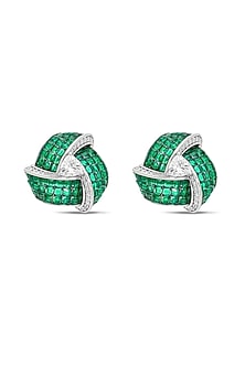 White Rhodium Finish Zircon & Emerald Stone Stud Earrings In Sterling Silver