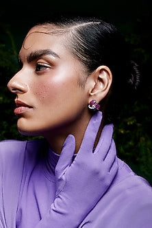 White Rhodium Finish Zircon & Ruby Stone Stud Earrings In Sterling Silver