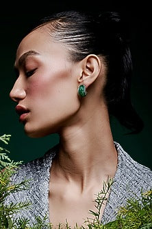 White Rhodium Finish Emerald Spinel Stone Huggie Earrings In Sterling Silver