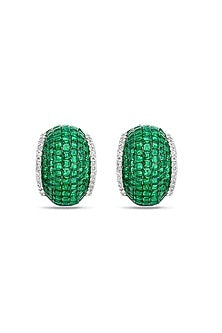 White Rhodium Finish Emerald Spinel Stone Huggie Earrings In Sterling Silver