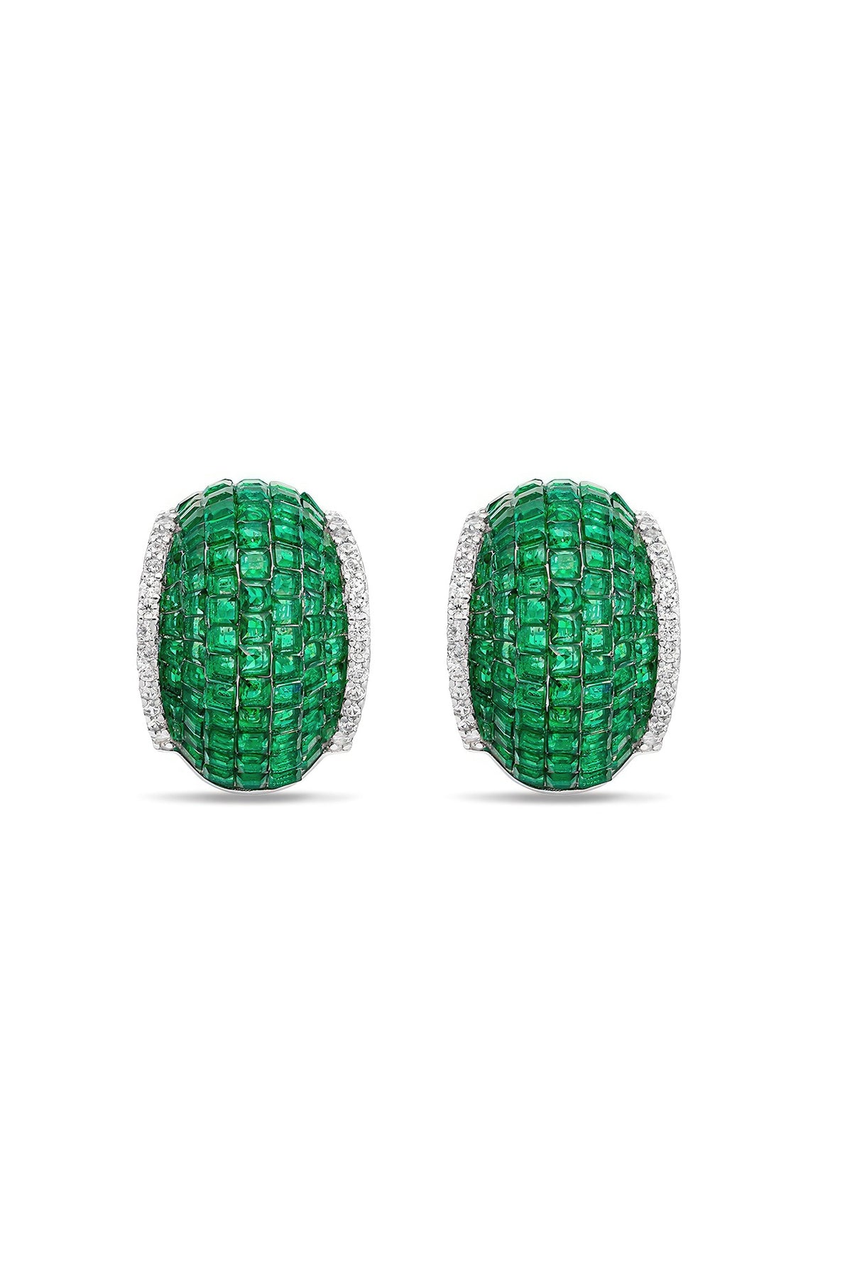 White Rhodium Finish Emerald Spinel Stone Huggie Earrings In Sterling Silver