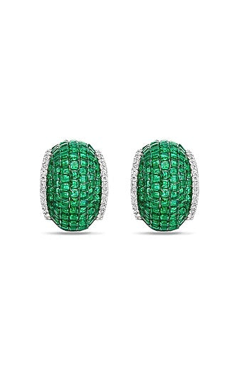 White Rhodium Finish Emerald Spinel Stone Huggie Earrings In Sterling Silver