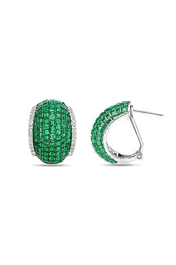 White Rhodium Finish Emerald Spinel Stone Huggie Earrings In Sterling Silver