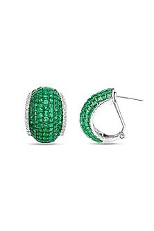 White Rhodium Finish Emerald Spinel Stone Huggie Earrings In Sterling Silver