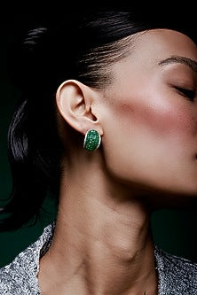White Rhodium Finish Emerald Spinel Stone Huggie Earrings In Sterling Silver