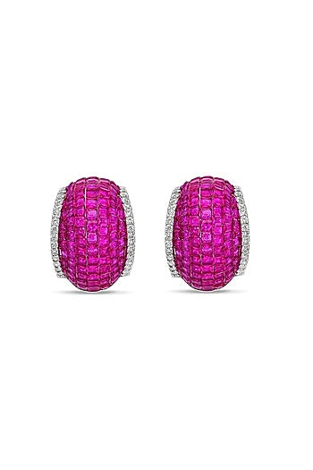 White Rhodium Finish Ruby Spinel Stone Huggie Earrings In Sterling Silver