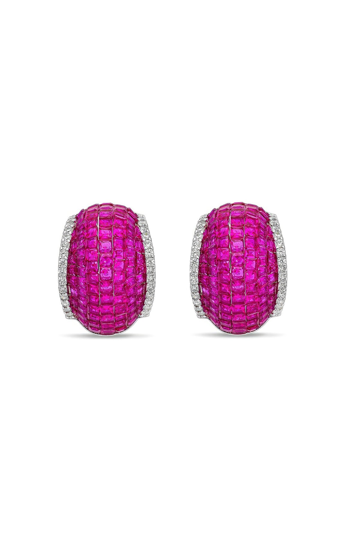 White Rhodium Finish Ruby Spinel Stone Huggie Earrings In Sterling Silver