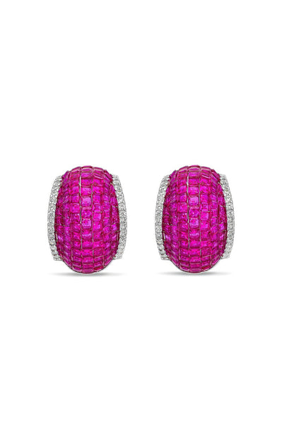 White Rhodium Finish Ruby Spinel Stone Huggie Earrings In Sterling Silver