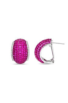 White Rhodium Finish Ruby Spinel Stone Huggie Earrings In Sterling Silver