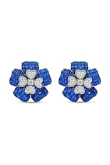 White Rhodium Finish Cubic Zirconia & Sapphire Stud Earrings In Sterling Silver