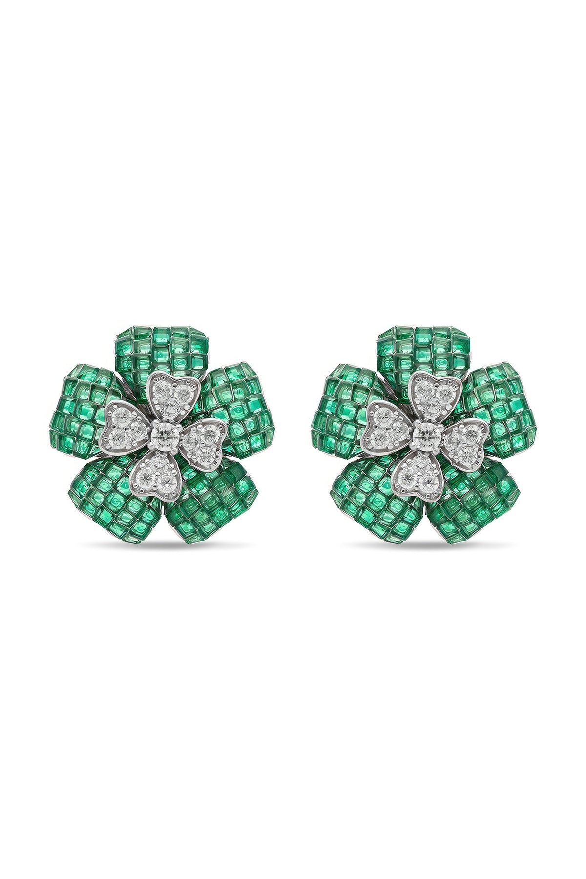 White Rhodium Finish Cubic Zirconia & Emerald Stud Earrings In Sterling Silver