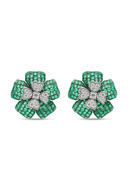 White Rhodium Finish Cubic Zirconia & Emerald Stud Earrings In Sterling Silver