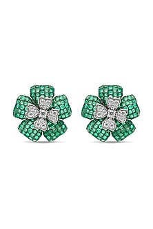 White Rhodium Finish Cubic Zirconia & Emerald Stud Earrings In Sterling Silver