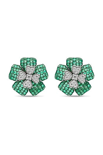 White Rhodium Finish Cubic Zirconia & Emerald Stud Earrings In Sterling Silver