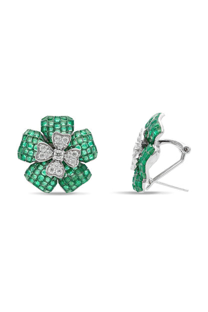 White Rhodium Finish Cubic Zirconia & Emerald Stud Earrings In Sterling Silver