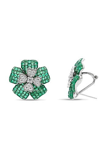 White Rhodium Finish Cubic Zirconia & Emerald Stud Earrings In Sterling Silver