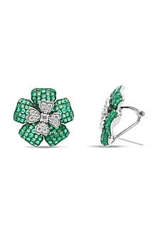 White Rhodium Finish Cubic Zirconia & Emerald Stud Earrings In Sterling Silver