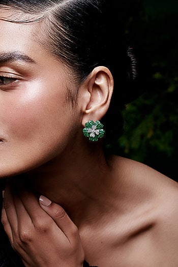 White Rhodium Finish Cubic Zirconia & Emerald Stud Earrings In Sterling Silver