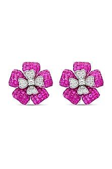 White Rhodium Finish Cubic Zirconia & Ruby Stud Earrings In Sterling Silver