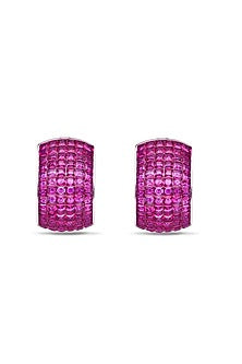 White Rhodium Finish Ruby Spinel Stone Huggie Earrings In Sterling Silver