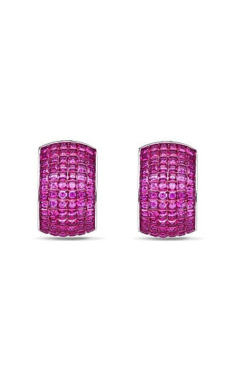 White Rhodium Finish Ruby Spinel Stone Huggie Earrings In Sterling Silver