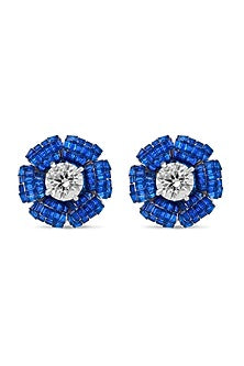 White Rhodium Finish Sapphire Spinel Stone Floral Stud Earrings In Sterling Silver