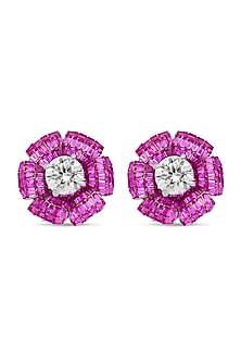 White Rhodium Finish Ruby Spinel Stone Floral Stud Earrings In Sterling Silver