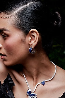 White Rhodium Finish Sapphire Spinel Stone Stud Earrings In Sterling Silver