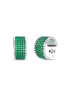 White Rhodium Finish Emerald Spinel Stone Stud Earrings In Sterling Silver