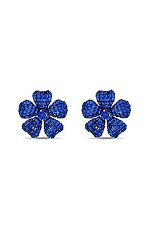 White Rhodium Finish Sapphire Spinel Stone Floral Stud Earrings In Sterling Silver