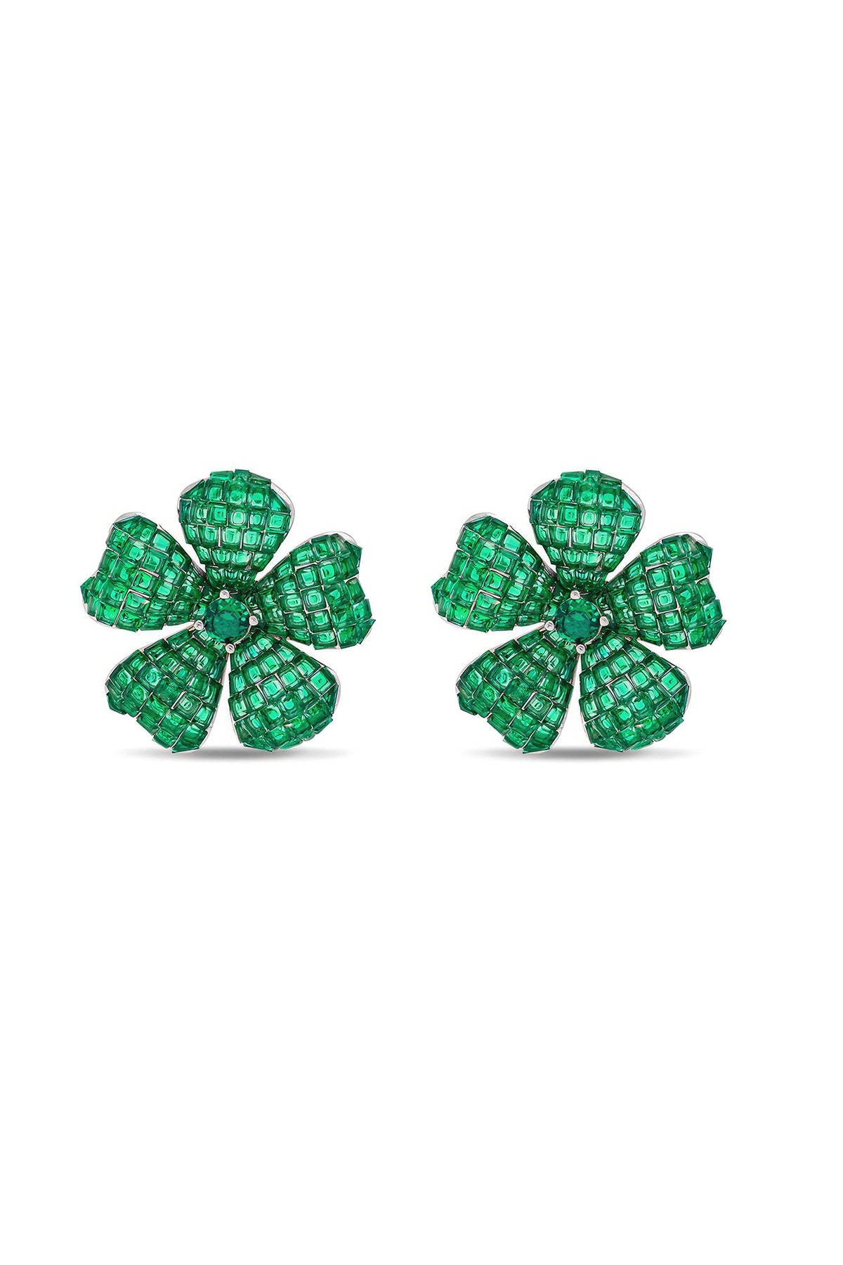 White Rhodium Finish Emerald Spinel Stone Floral Stud Earrings In Sterling Silver