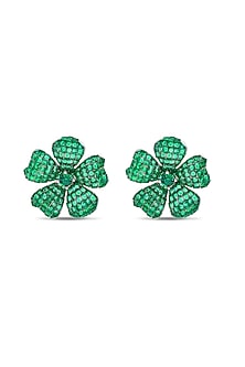 White Rhodium Finish Emerald Spinel Stone Floral Stud Earrings In Sterling Silver