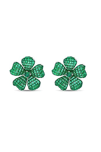 White Rhodium Finish Emerald Spinel Stone Floral Stud Earrings In Sterling Silver