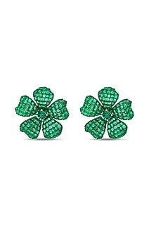 White Rhodium Finish Emerald Spinel Stone Floral Stud Earrings In Sterling Silver