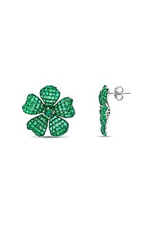 White Rhodium Finish Emerald Spinel Stone Floral Stud Earrings In Sterling Silver