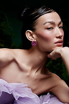 White Rhodium Finish Ruby Spinel Stone Floral Stud Earrings In Sterling Silver