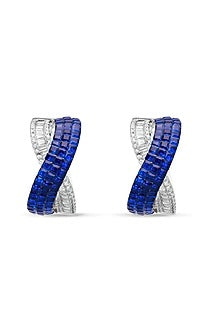 White Rhodium Finish Sapphire Spinel Stone Criss-Cross Stud Earrings In Sterling Silver