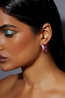 White Rhodium Finish Ruby Spinel Stone Criss-Cross Stud Earrings In Sterling Silver