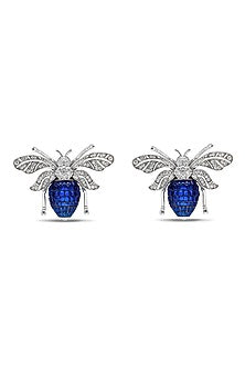 White Rhodium Finish Sapphire Spinel Stone Honey Bee Stud Earrings In Sterling Silver