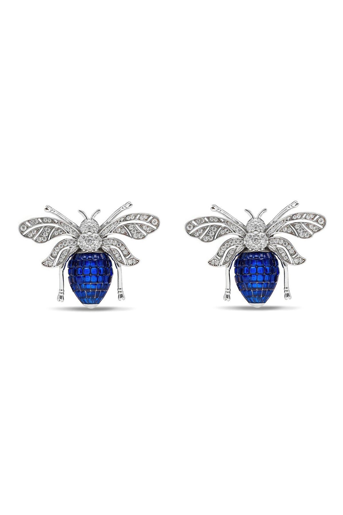 White Rhodium Finish Sapphire Spinel Stone Honey Bee Stud Earrings In Sterling Silver