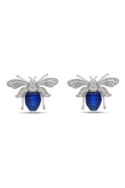 White Rhodium Finish Sapphire Spinel Stone Honey Bee Stud Earrings In Sterling Silver