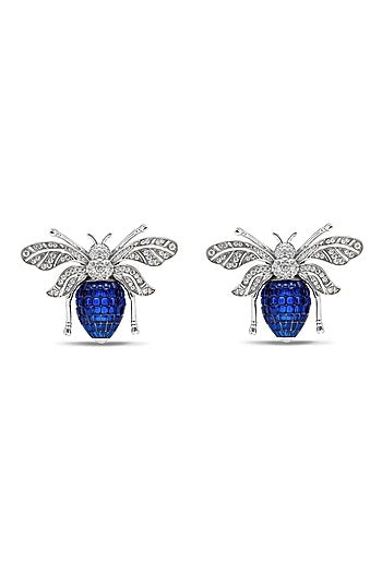 White Rhodium Finish Sapphire Spinel Stone Honey Bee Stud Earrings In Sterling Silver
